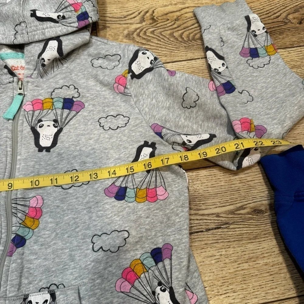 3 sweatshirts, Stranger Things, purple gray zip up, panda bears, similar fit.